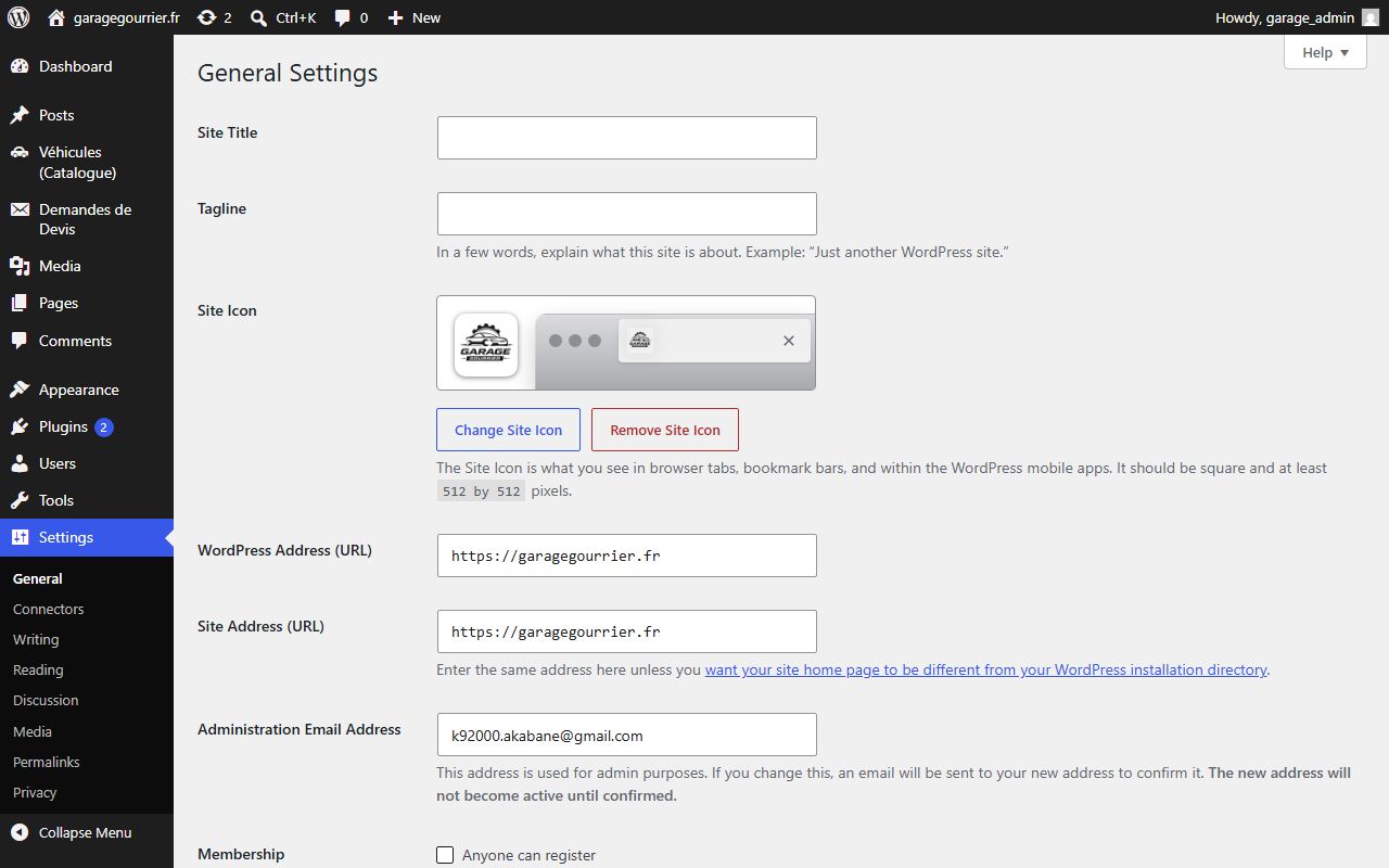 Interface des Réglages Généraux WordPress